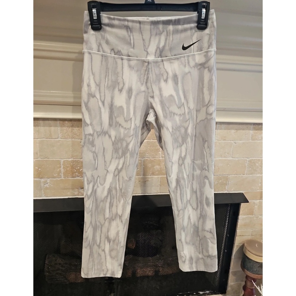 Nike Dri Fit Cropped Leggings Women Small White Gray Pull On Stretch Swoosh Logo